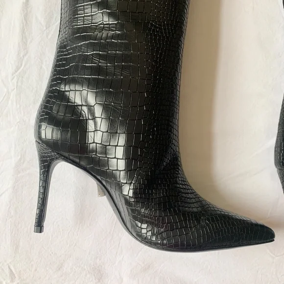 Schutz Maryana High Heel Leather Crocodile-Embossed Boot Black 7.5 - Picture 6 of 16